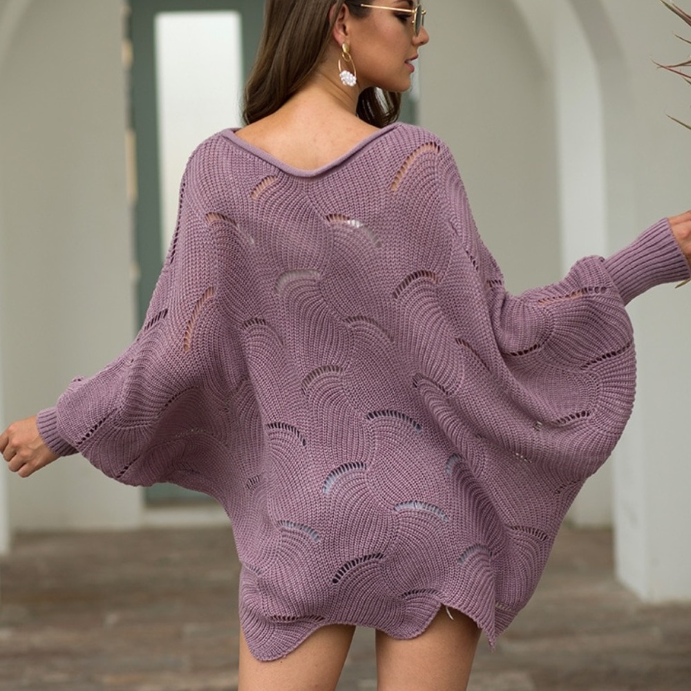 NEW Purple Oversized Scallop Crochet Knit Sweater - Picture 7 of 11